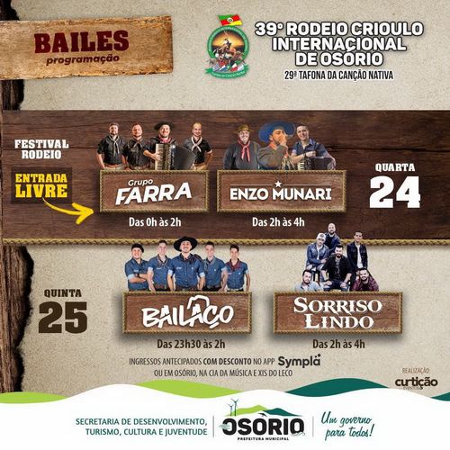 Vai começar: veja programação completa do 39° Rodeio Crioulo Internacional de Osório e 29° Tafona da Canção Nativa 129 Vai começar: veja programação completa do 39° Rodeio Crioulo Internacional de Osório e 29° Tafona da Canção Nativa 128