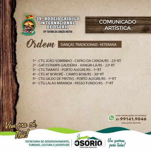 Vai começar: veja programação completa do 39° Rodeio Crioulo Internacional de Osório e 29° Tafona da Canção Nativa 127 Vai começar: veja programação completa do 39° Rodeio Crioulo Internacional de Osório e 29° Tafona da Canção Nativa 126