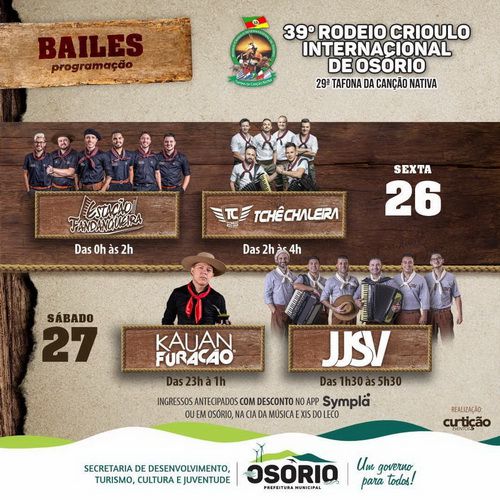 Vai começar: veja programação completa do 39° Rodeio Crioulo Internacional de Osório e 29° Tafona da Canção Nativa 131 Vai começar: veja programação completa do 39° Rodeio Crioulo Internacional de Osório e 29° Tafona da Canção Nativa 130
