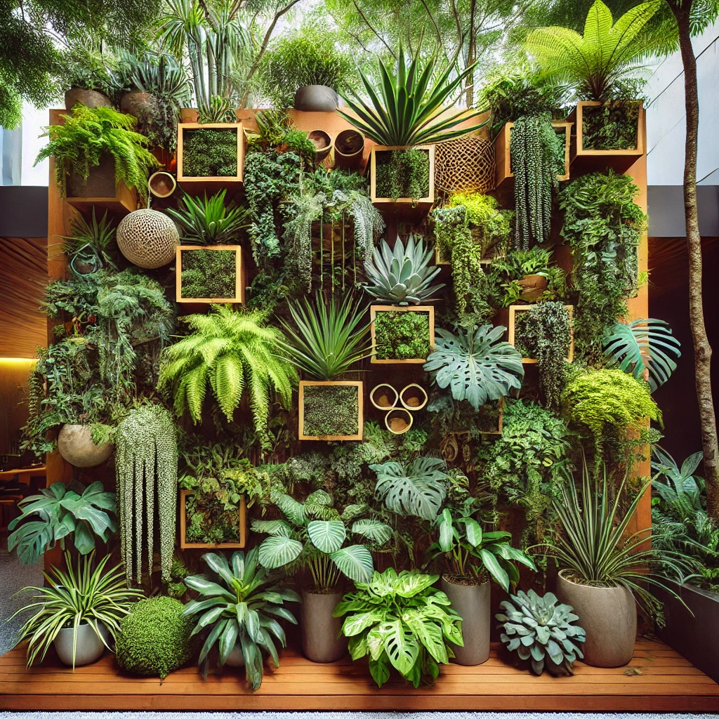 Um jardim vertical exuberante em uma área externa, composto por samambaias, hera, jiboia, asplênio, orquídeas e suculentas. O jardim está montado em u