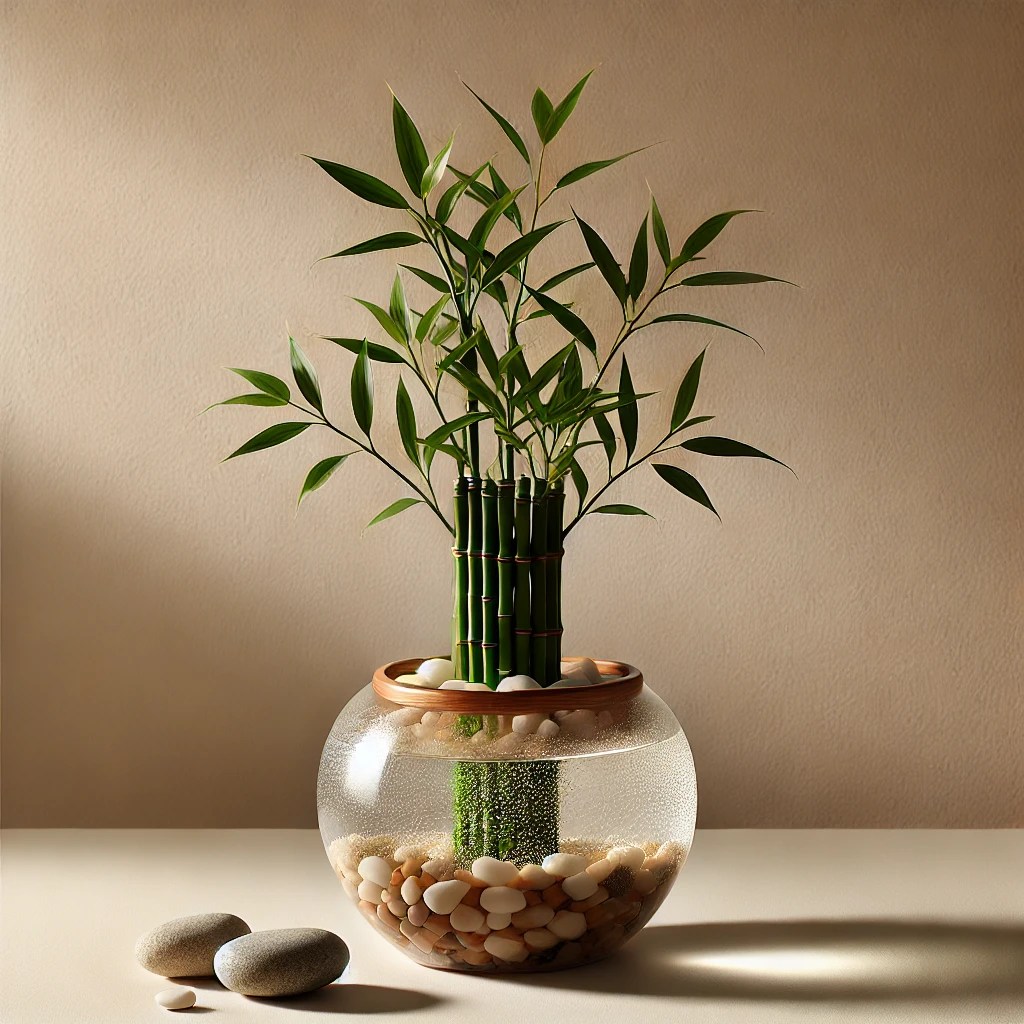 Um planta bambu da sorte em um vaso de vidro com água limpa, decorado com pedras brancas