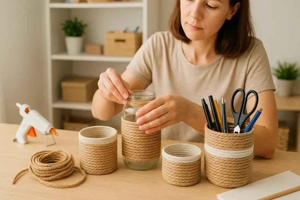 Como criar potes organizadores usando cestos e barbantes e transformar bagunça em estilo