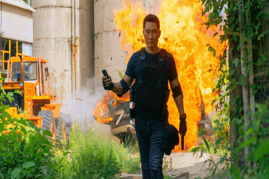 Homem com cabelo curto, usando roupa preta, cotoveleiras e cinto com bolso com um controle na mão e uma explosão atrás dele