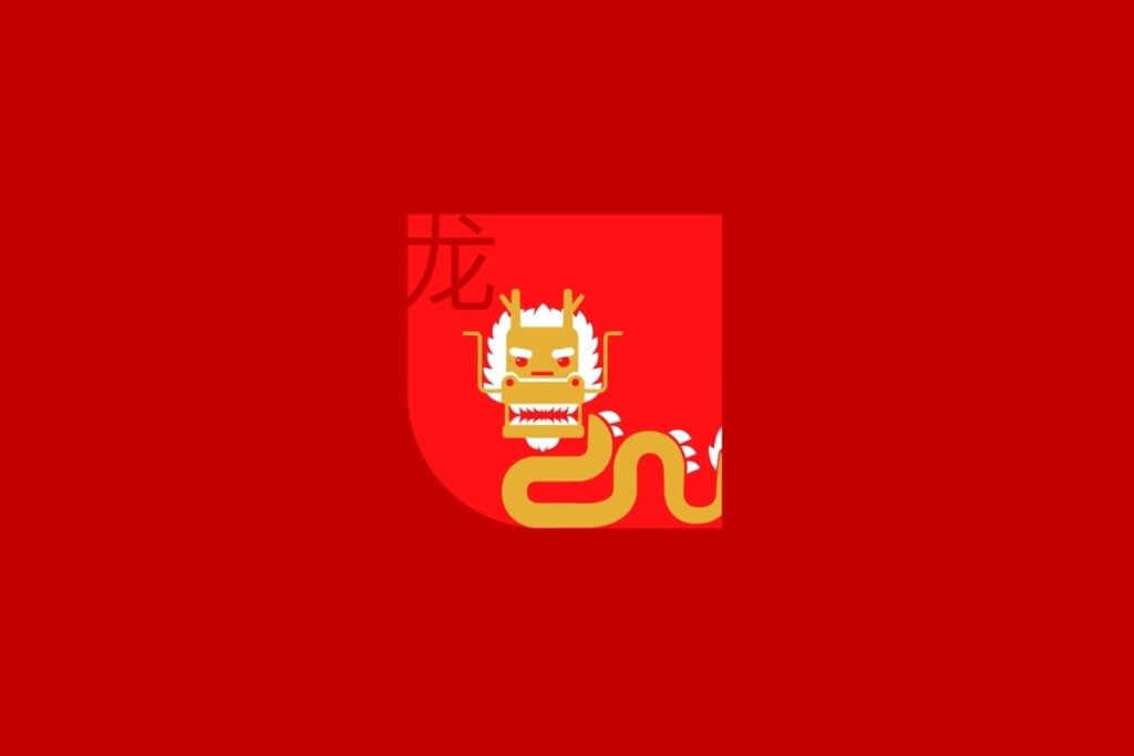 Ilustração do signo de Dragão, contendo um dragão dourado com barba branca, em fundo vermelho