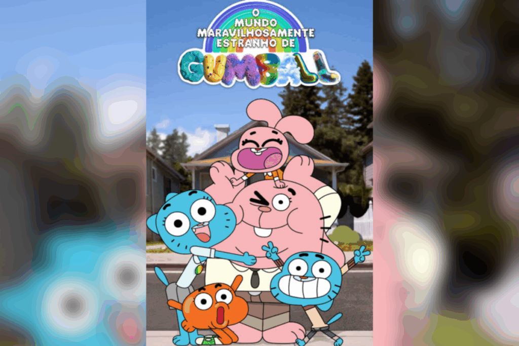 Gumball, Darwin, Anais, Nicole e Richard abraçando-se diante de casas