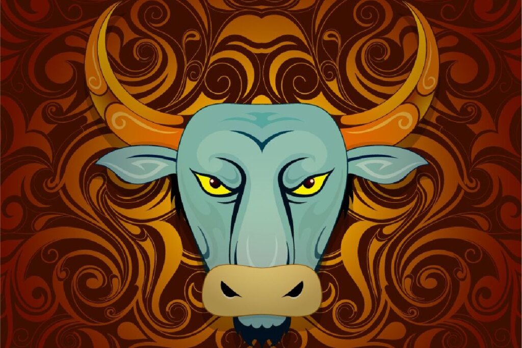 Imagem de um búfalo em um fundo com listras marrons e laranjas