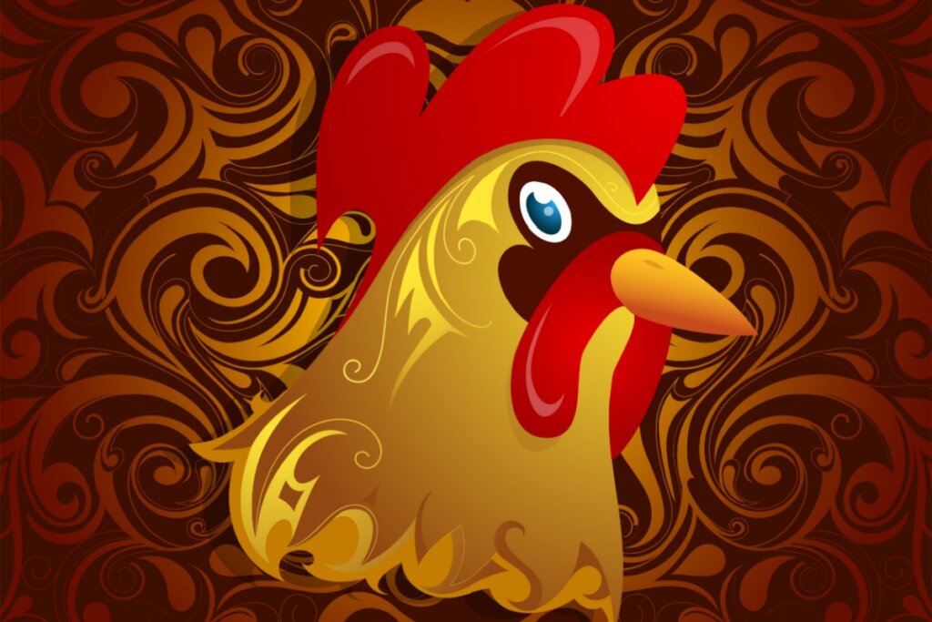 Imagem de um galo em um fundo com listras marrons e laranjas