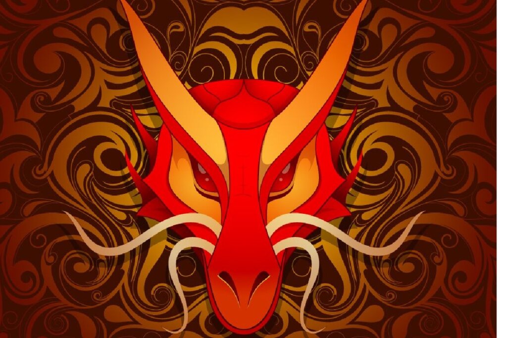 Imagem de um dragão em um fundo com listras marrons e laranjas