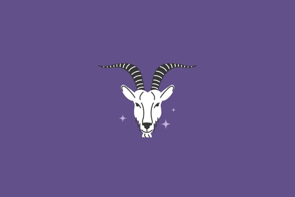 Ilustração de uma cabra branca, representando o signo de capricórnio, em um fundo roxo-escuro 