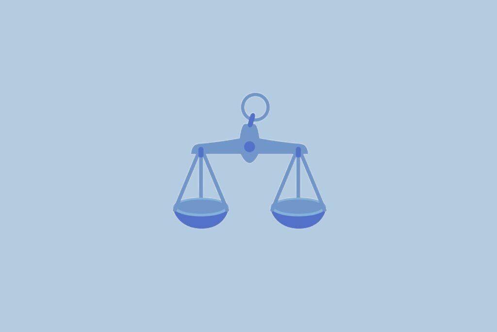 Ilustração do signo Libra, com uma balança azul em equilíbrio, sobre fundo azul-claro.