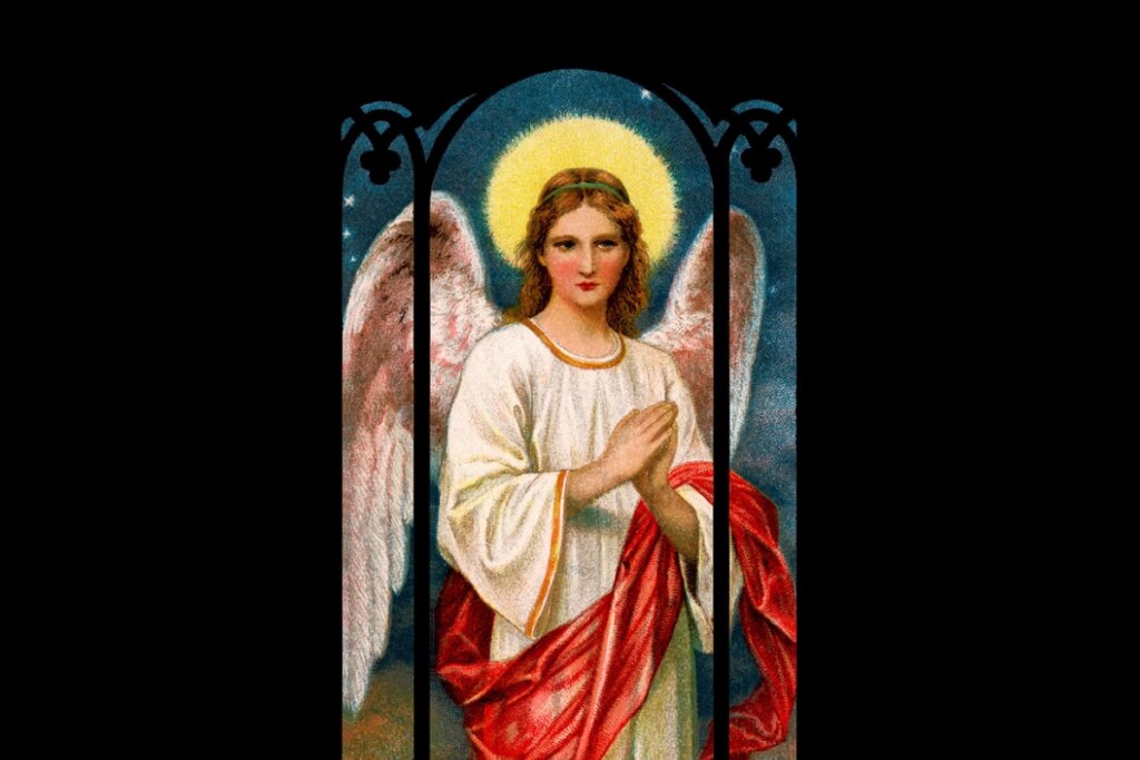 Imagem do arcanjo Jofiel com roupa branca e vermelha, asas brancas e mãos unidas 