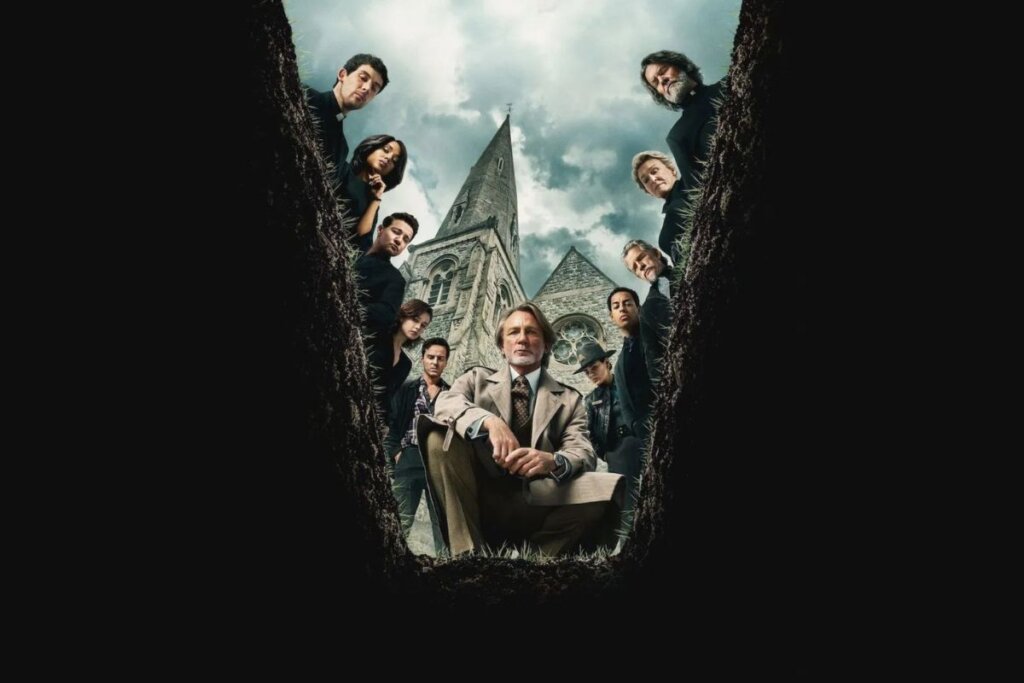 Capa do filme "Vivo ou Morto: Um Mistério Knives Out" com pessoas reunidas ao redor de um retângulo e olhando para dentro dele