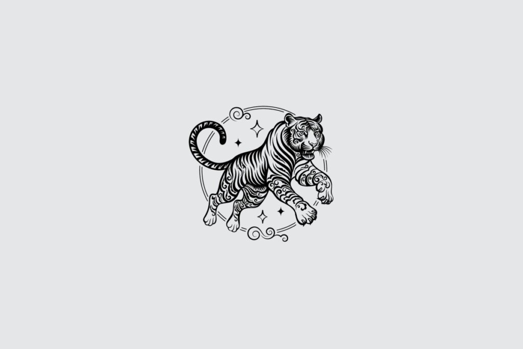 Ilustração do signo de Tigre, contendo um tigre em postura de salto, com listras desenhadas em estilo artístico e elementos decorativos circulares, em fundo cinza-claro