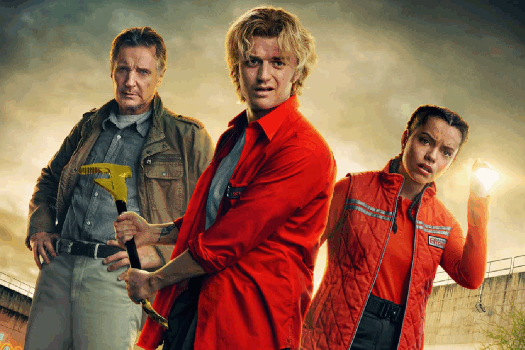 Três personagens vestindo roupas de trabalho e segurando ferramentas aparecendo em primeiro plano diante de um cenário externo