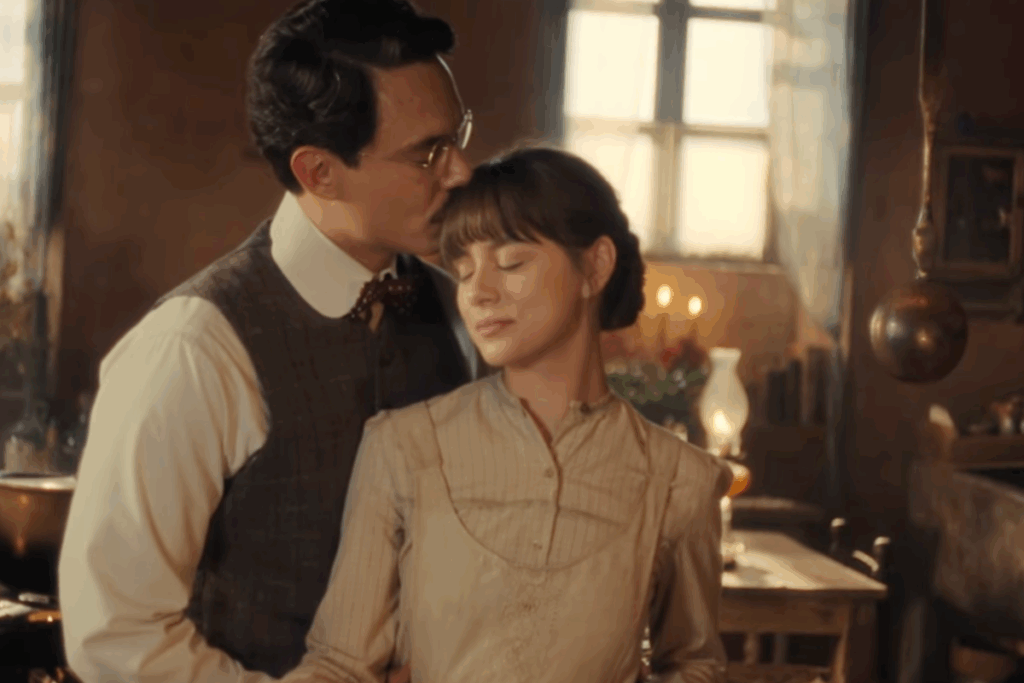 Homem e mulher em um ambiente doméstico antigo, com iluminação suave; o homem está beijando a cabeça da mulher