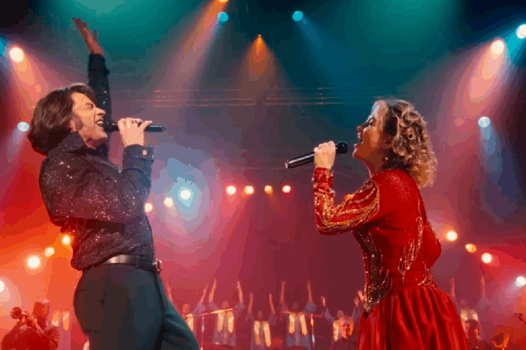 Homem e mulher cantando juntos em um palco iluminado, cada um segurando um microfone