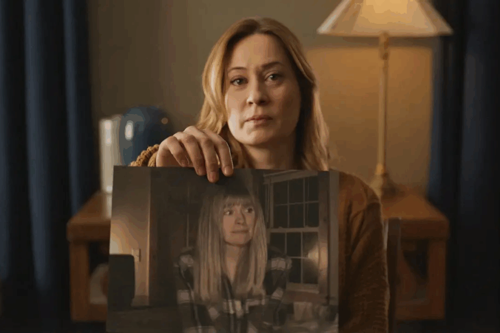 Uma mulher loira sentada em uma sala mal iluminada segura uma fotografia de tamanho médio em frente ao corpo. Na foto que ela segura, aparece uma mulher mais jovem com expressão de angústia dentro de uma casa à noite. A mulher que segura a foto olha diretamente para a câmera com uma expressão séria e triste. Ao fundo, vê-se um abajur aceso e cortinas escuras.