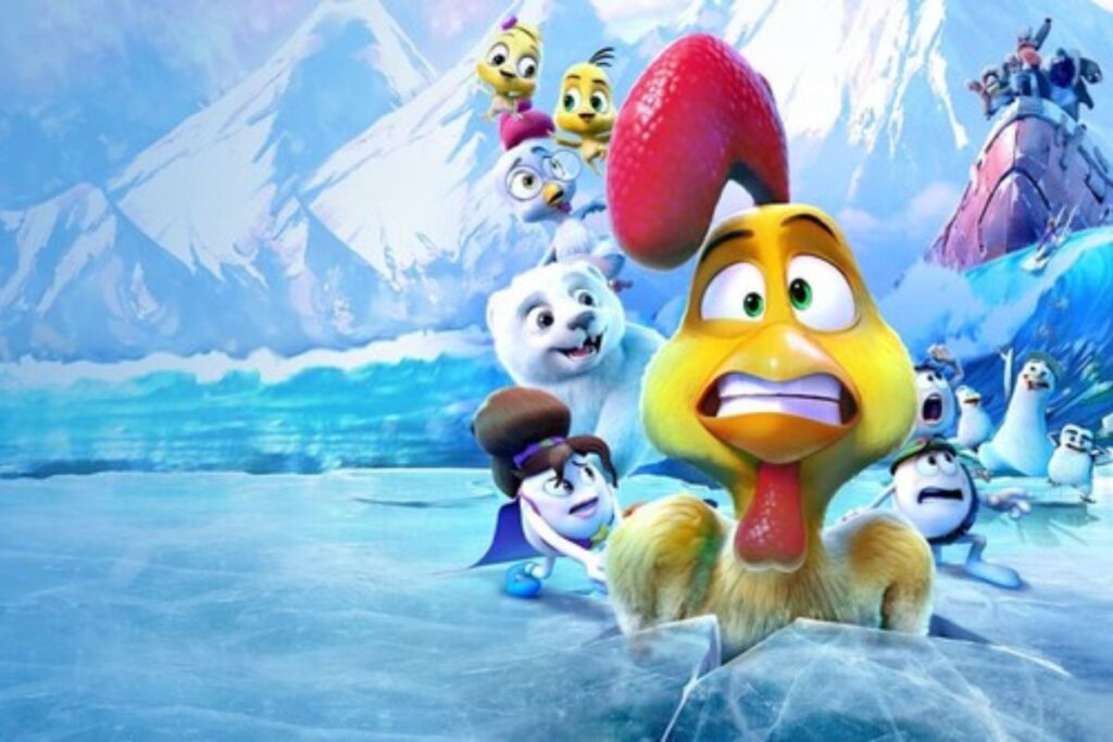 Capa do filme "Viagem Gelada O Resgate Do Urso Polar", com a ilustração de uma galinha, pintinhos e urso-polar no gelo