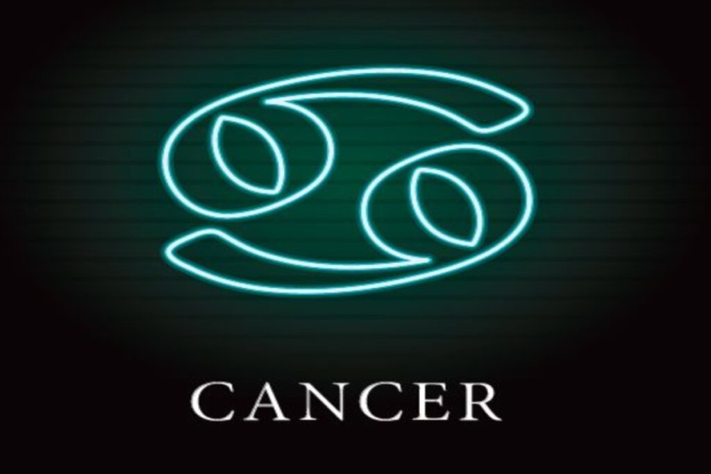 Ilustração do símbolo de câncer em azul néon sobre o nome do signo em inglês