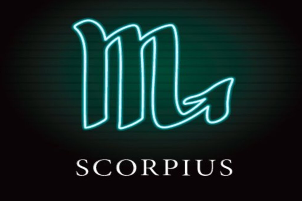 Ilustração do símbolo de escorpião em azul néon sobre o nome do signo em inglês