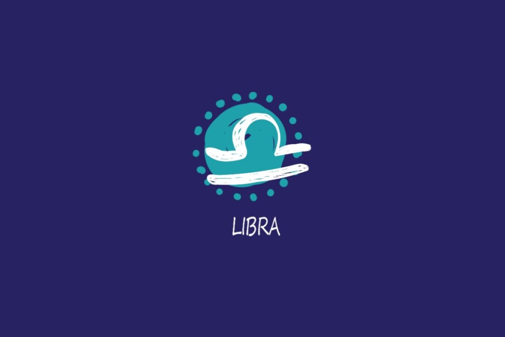 Ilustração do signo de libra, na cor branca, sobre uma mancha verde, em um fundo azul-escuro