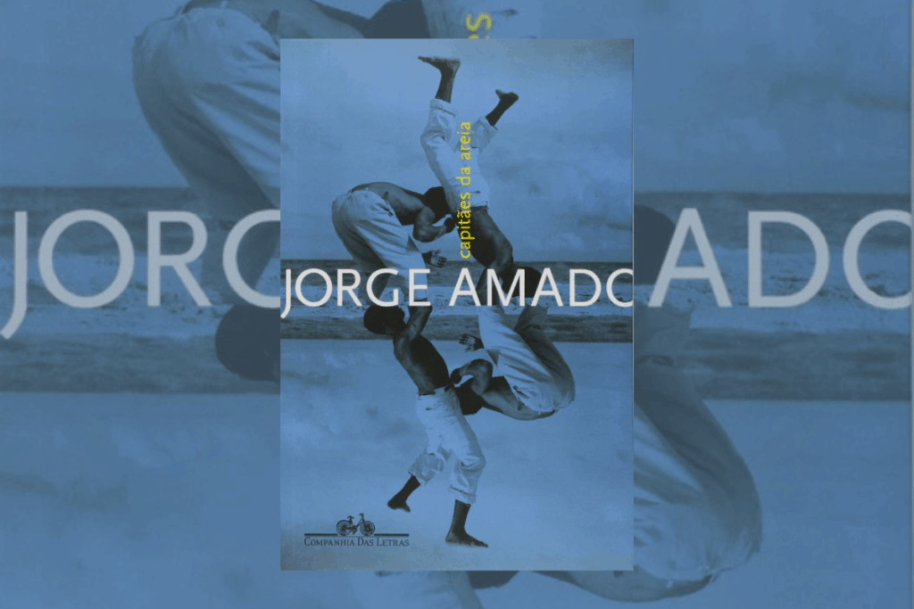 Capa de livro azul com título e nome do autor, com imagem de meninos jogando capoeira ao fundo
