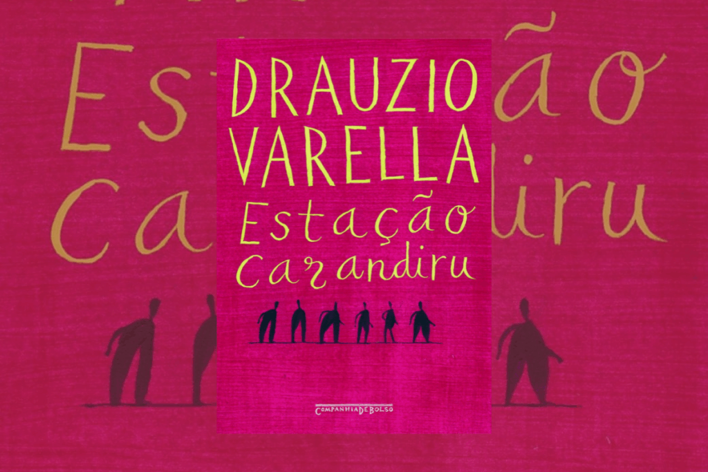 Capa de livro rosa, com título e nome do autor em amarelo e ilustração de homens em azul 