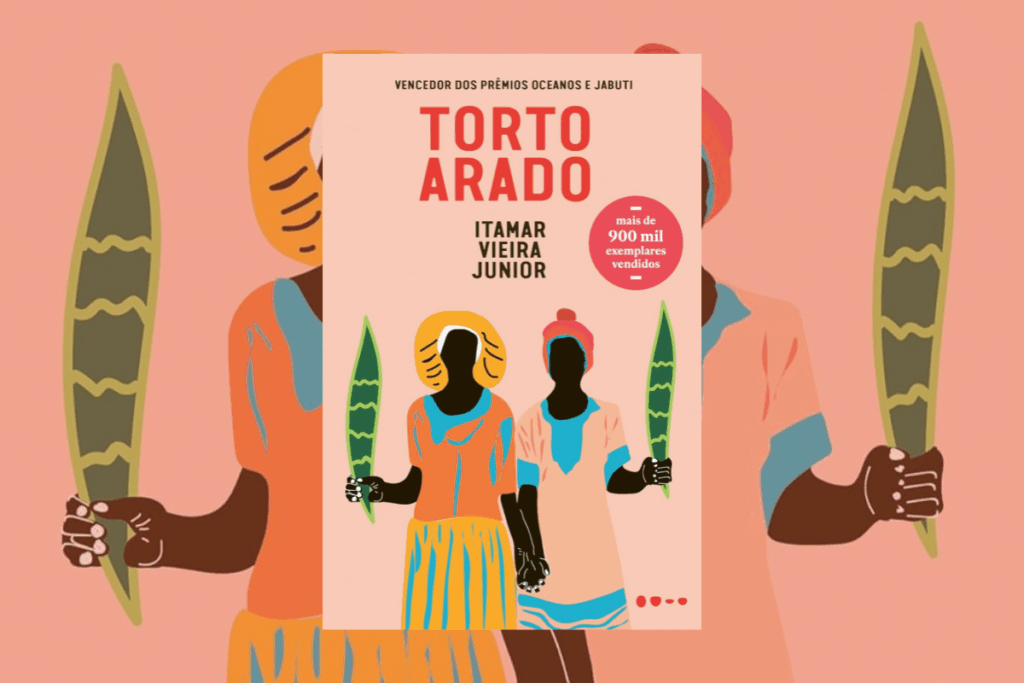 Capa de livro com título e nome do autor e ilustração de duas mulheres negras com roupas coloridas, turbantes e planta espada de são jorge na mão