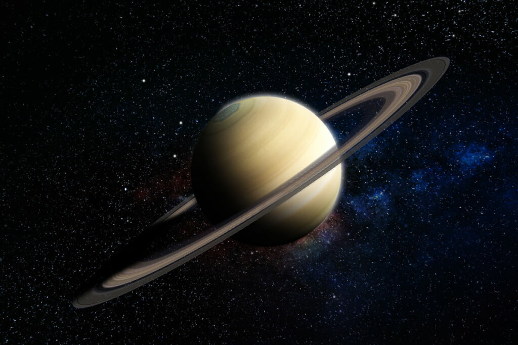 Ilustração do planeta Saturno no espaço com estrelas ao fundo