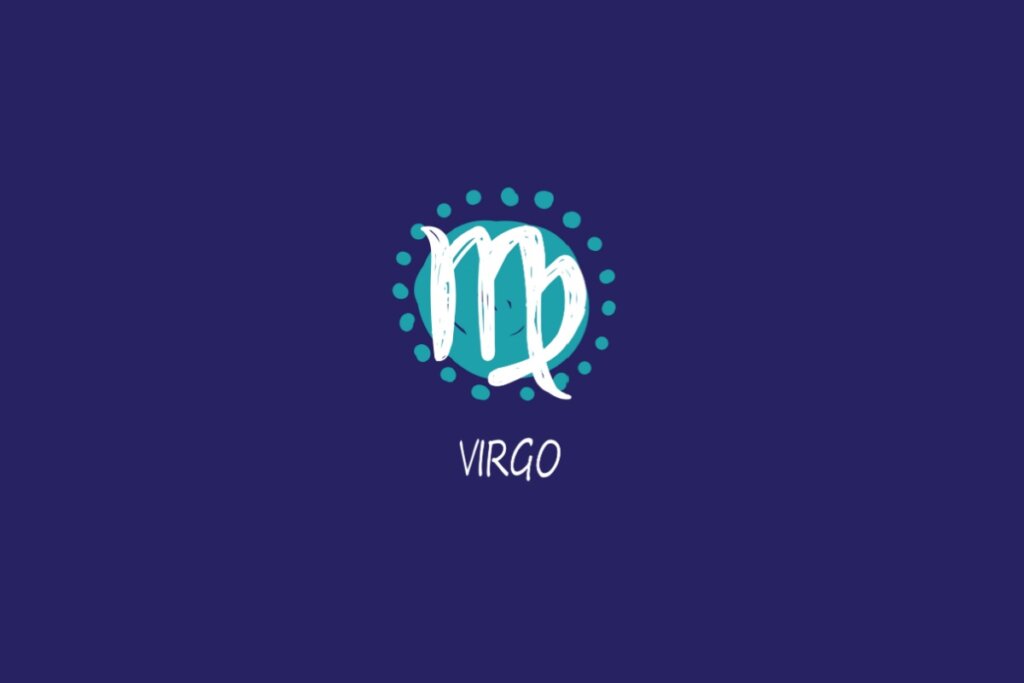 Ilustração do signo de virgem, na cor branca, sobre uma mancha verde, em um fundo azul-escuro