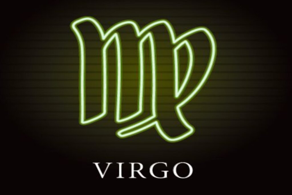 Ilustração do símbolo de virgem em verde néon sobre o nome do signo em inglês