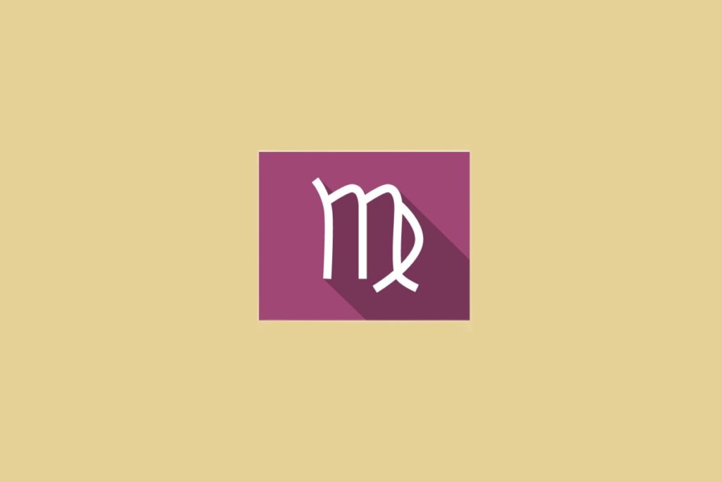 Ilustração do signo de Virgem, dentro de um quadrado roxo, em fundo amarelo-mostarda, com símbolo semelhante a um “M” com uma perna dobrada à direita