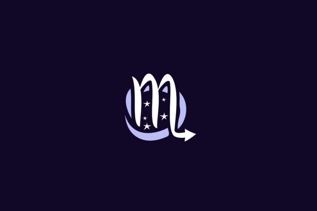 Ilustração do signo de Escorpião, com símbolo semelhante à letra “m” e cauda em forma de seta, acompanhado por quatro estrelas, em fundo roxo-escuro