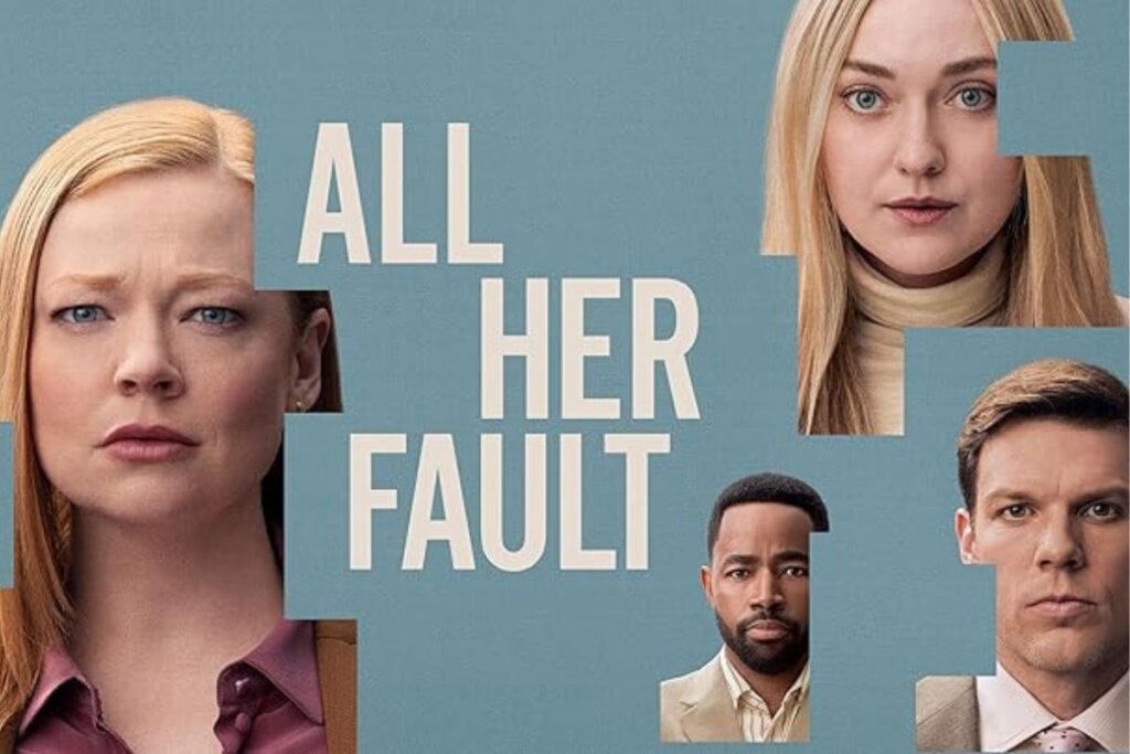 Capa da série "All Her Fault", com o rosto dos atores em peças de quebra-cabeça 