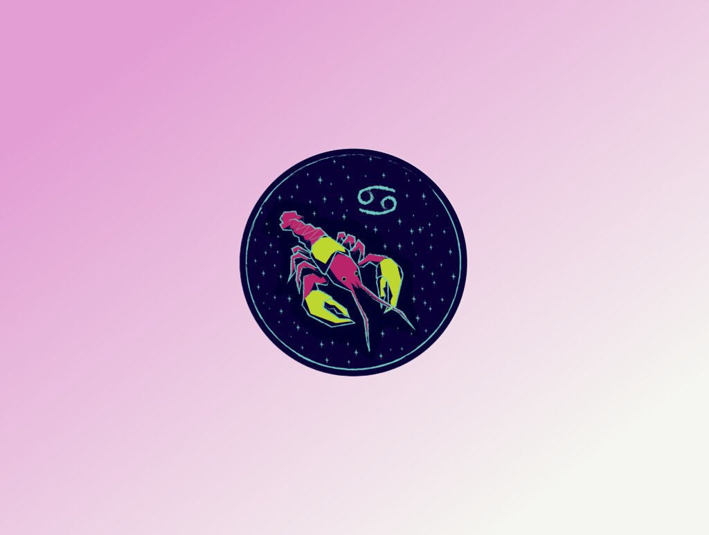 Amor em março: 7 signos que terão os relacionamentos favorecidos 36 Ilustração estilizada em um círculo azul escuro com estrelas, mostrando um caranguejo (ou lagosta) com o corpo em rosa e detalhes em amarelo nas garras. Ao lado, o símbolo astrológico de Câncer. O fundo geral da imagem é um degradê rosa.