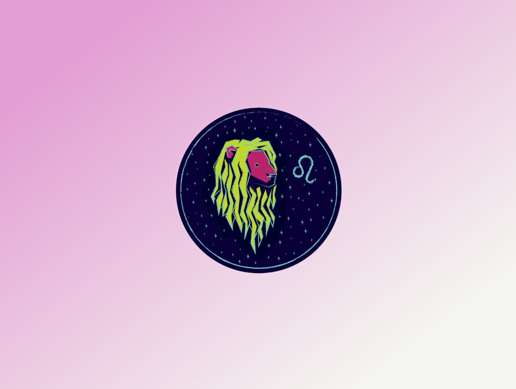 Amor em março: 7 signos que terão os relacionamentos favorecidos 38 Ilustração estilizada em um círculo azul escuro com estrelas, focada na cabeça de um leão com rosto rosa e uma juba volumosa em tom amarelo neon. Ao lado, o símbolo astrológico de Leão. O fundo geral da imagem é um degradê rosa.