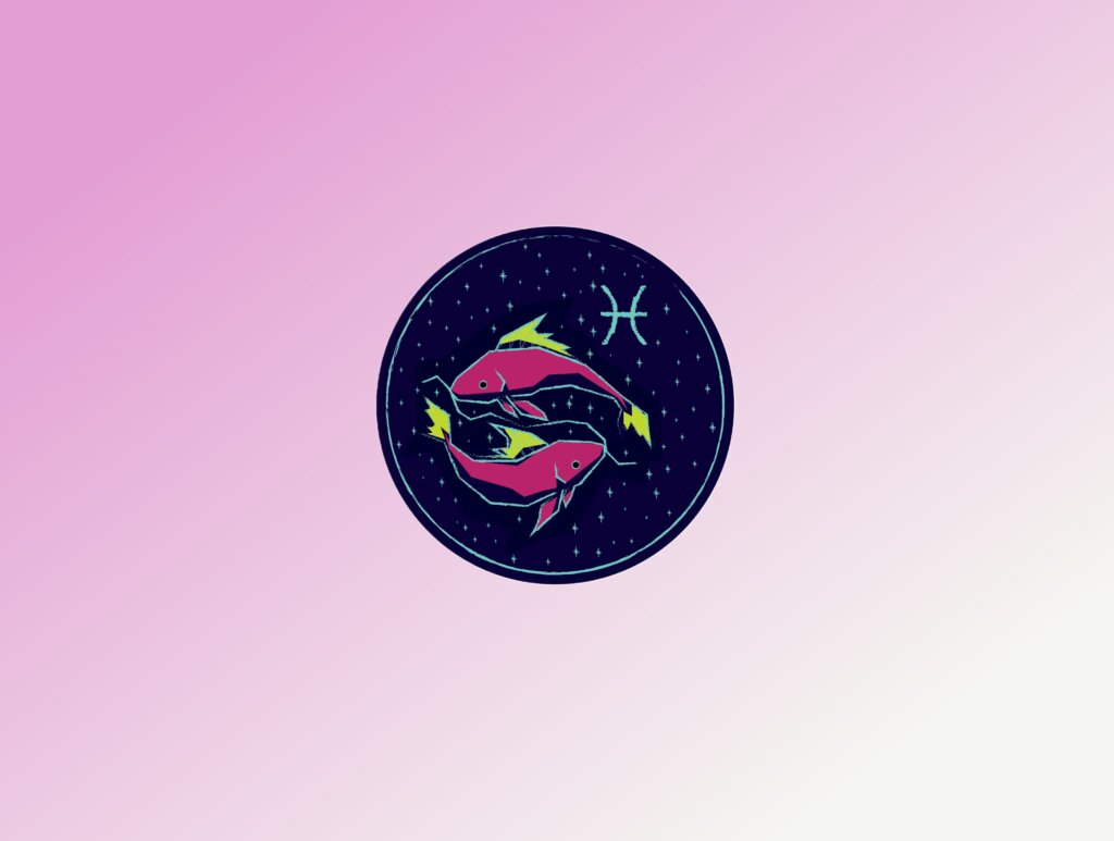 Amor em março: 7 signos que terão os relacionamentos favorecidos 40 Ilustração estilizada em um círculo azul escuro com estrelas, mostrando dois peixes de cor rosa vibrante com barbatanas amarelas, nadando em direções opostas. Ao lado, o símbolo astrológico de Peixes em azul claro. O fundo geral da imagem é um degradê rosa.