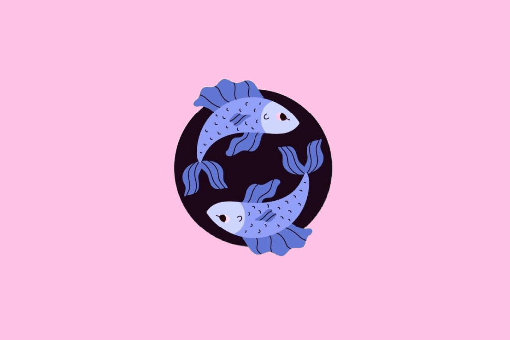 Ilustração de dois peixes azuis nadando em direções opostas, formando um círculo, com detalhes em tons de lilás e barbatanas fluidas