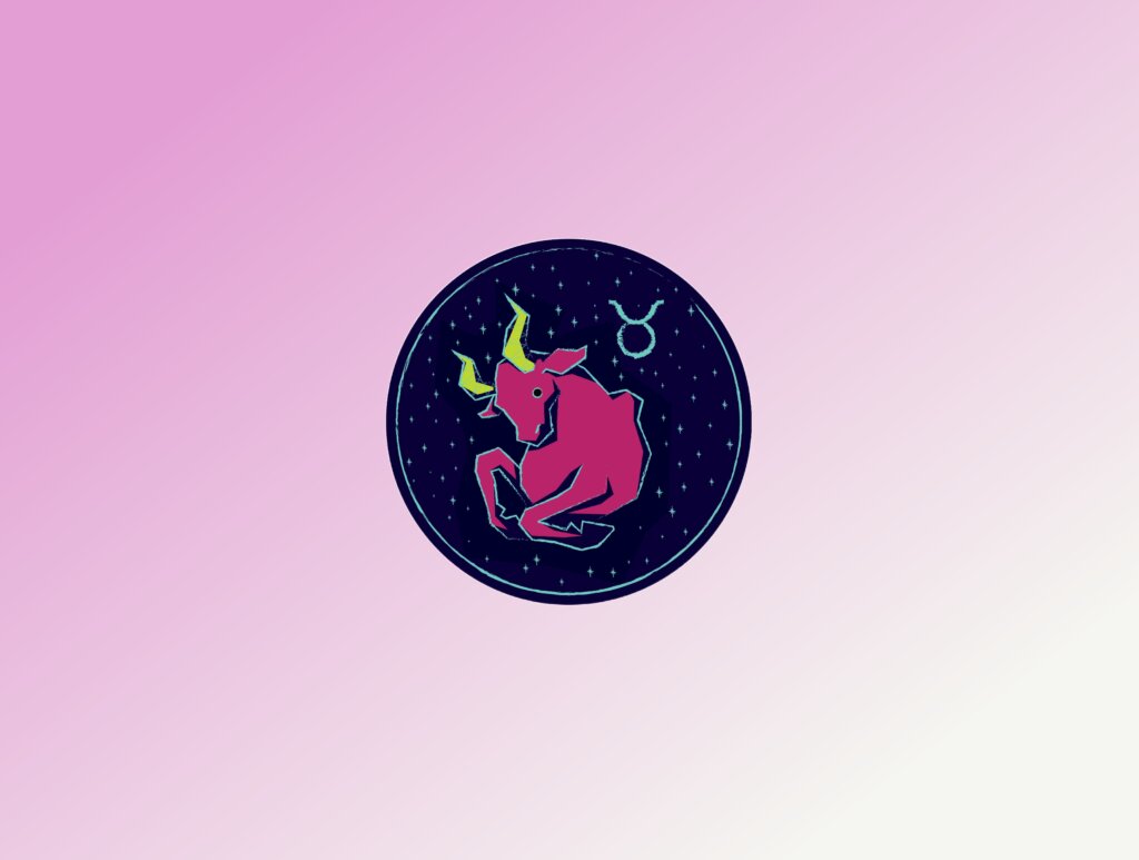 Amor em março: 7 signos que terão os relacionamentos favorecidos 35 Ilustração estilizada em um círculo azul escuro com estrelas, retratando um touro robusto na cor rosa vibrante com chifres amarelos curvados. Ao lado, o símbolo astrológico de Touro. O fundo geral da imagem é um degradê rosa.