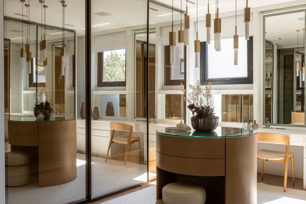 Close de um closet luxuoso com portas de correr em vidro reflecta. À frente, um móvel ilha central curvo em madeira clara com tampo de vidro e um arranjo de plantas. Acima, pendentes tubulares dourados e brancos. Ao fundo, uma penteadeira branca sob uma janela.