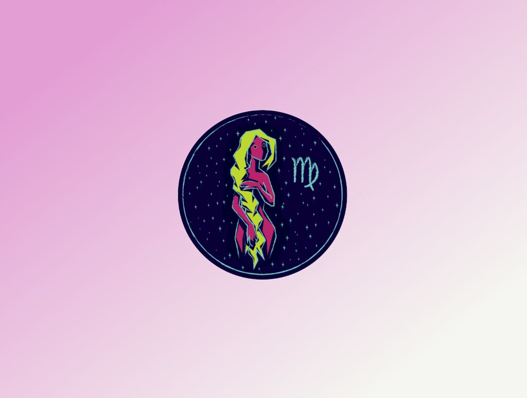 Amor em março: 7 signos que terão os relacionamentos favorecidos 37 Ilustração estilizada em um círculo azul escuro com estrelas, exibindo a silhueta de uma mulher em rosa vibrante com longos cabelos amarelos que cobrem parte de seu corpo. Ao lado, o símbolo astrológico de Virgem. O fundo geral da imagem é um degradê rosa.