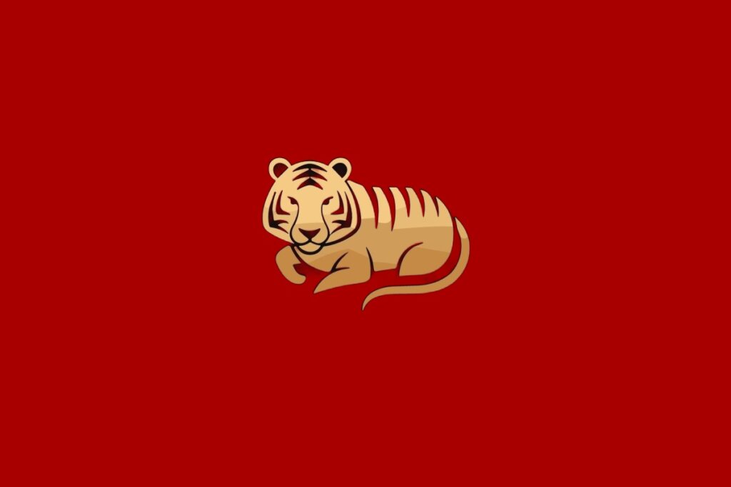 Ilustração do signo de Tigre, contendo um tigre estilizado em fundo vermelho