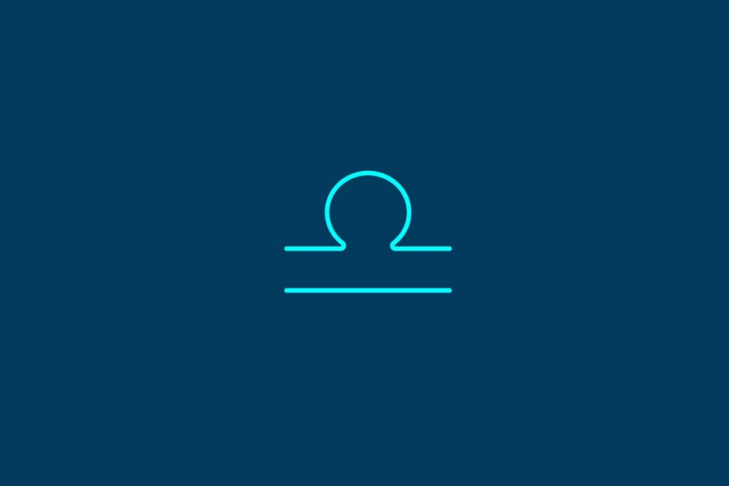 Tarot semanal: previsão para os signos de 23 a 29 de março de 2026 70 Ilustração do signo de Libra, contendo um círculo sobre uma linha horizontal representando os pratos de uma balança, em fundo azul-escuro