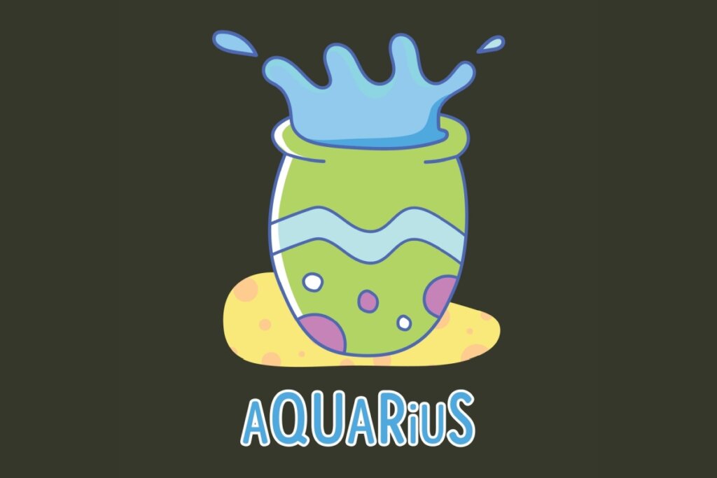Tarot do dia: previsão para os 12 signos em 25/03/2026 69 Ilustração do signo de Aquário. Um vaso ou jarro bojudo na cor verde-claro, decorado com uma faixa ondulada azul e círculos coloridos, está posicionado sobre uma superfície amarela que lembra areia. Do topo do jarro, transborda água azul de forma vibrante. Abaixo da imagem, a palavra "AQUARIUS" está escrita em letras azuis contornadas de branco.