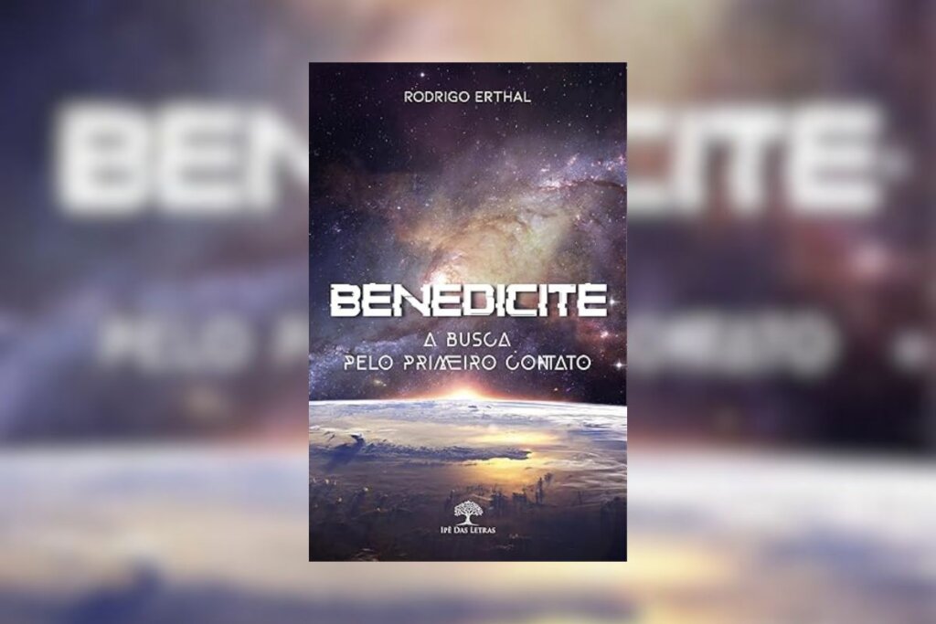 14 livros para expandir os horizontes em março 76 Capa do livro "Benedicite", com a ilustração do planeta Terra visto do espaço e o nome do livro em branco centralizado