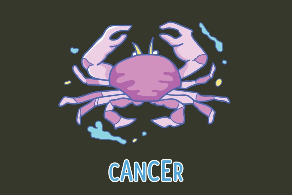 Tarot do dia: previsão para os 12 signos em 25/03/2026 62 Ilustração do signo de Câncer. Um caranguejo de traços lúdicos é representado em tons de lilás e rosa. O animal possui garras grandes levantadas e patas articuladas nas laterais. Pequenos elementos gráficos que lembram respingos de água azuis e amarelos flutuam ao redor da figura. Abaixo, está escrito "CANCER" em letras azuis com bordas brancas sobre o fundo cinza-escuro.