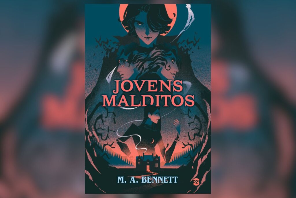 14 livros para expandir os horizontes em março 69 Capa do livro "Jovens Malditos", com a ilustração de uma casa na parte inferior e dois jovens acima, sobre fundo cinza e laranja
