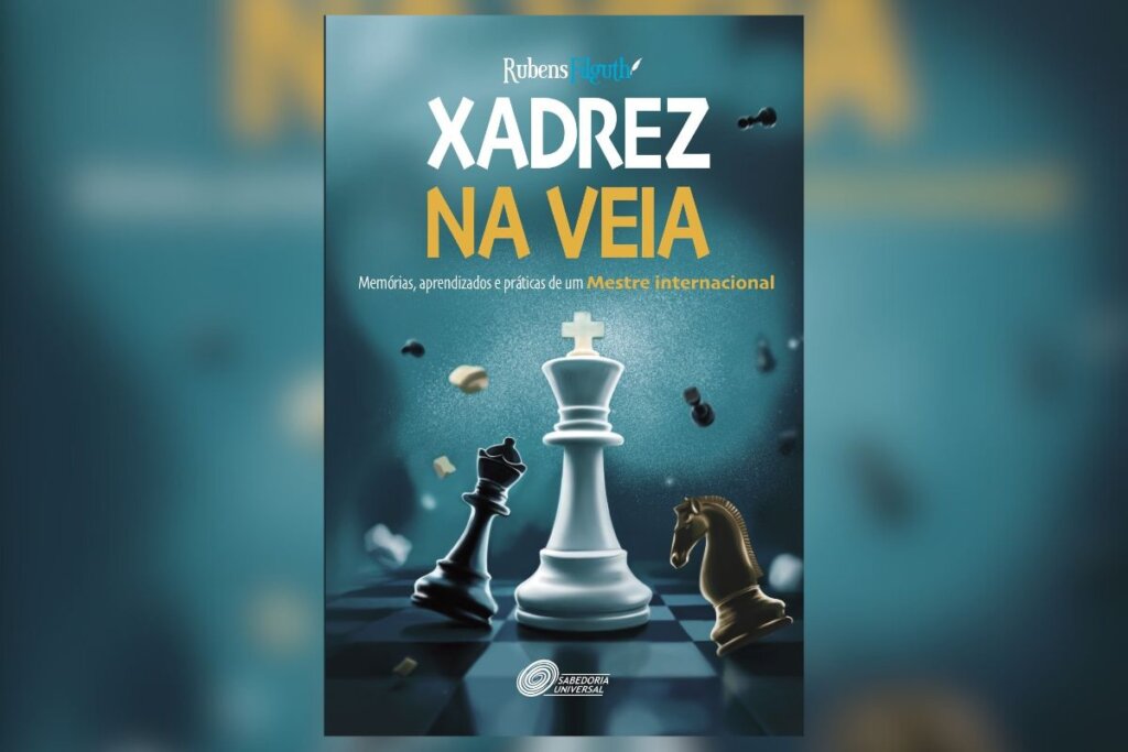 14 livros para expandir os horizontes em março 77 Capa do livro "Xadrez na veia", com a ilustração de peças de xadrez em um fundo cinza e branco
