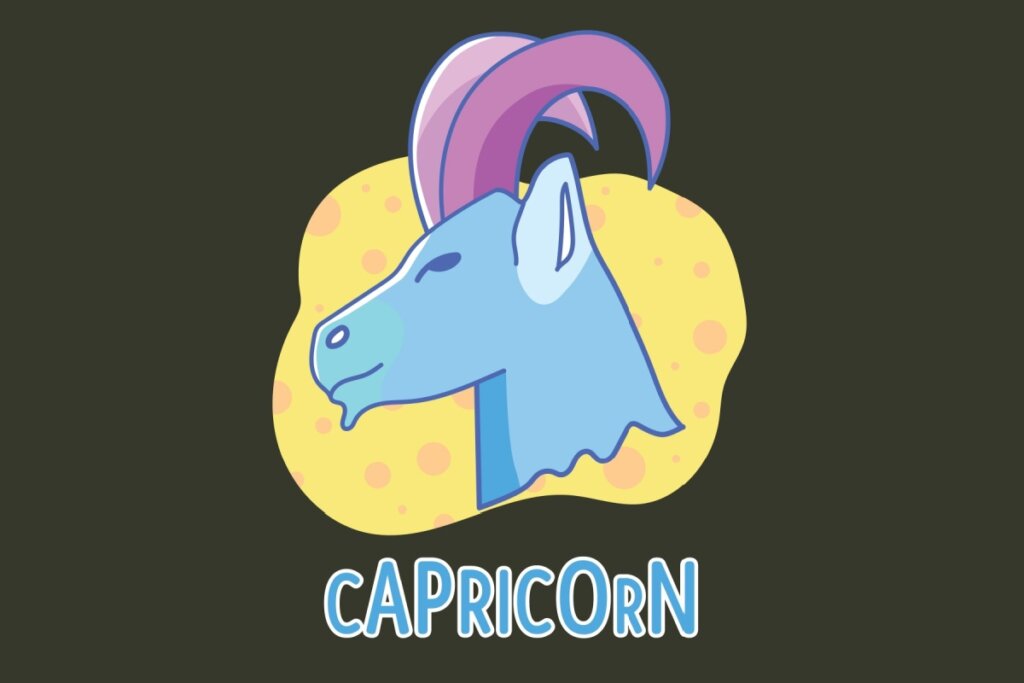 Tarot do dia: previsão para os 12 signos em 25/03/2026 68 Ilustração do signo de Capricórnio apresentando o perfil da cabeça de uma cabra azul clara sobre um fundo orgânico amarelo com bolinhas laranjas. A cabra possui dois chifres grandes e curvados para trás em tons de lilás e rosa. Abaixo da figura, está escrita a palavra "CAPRICORN" em letras azuis contornadas de branco.