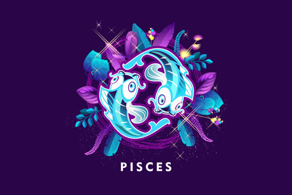 Símbolo do signo de Peixes em azul com detalhes em roxo em um fundo roxo